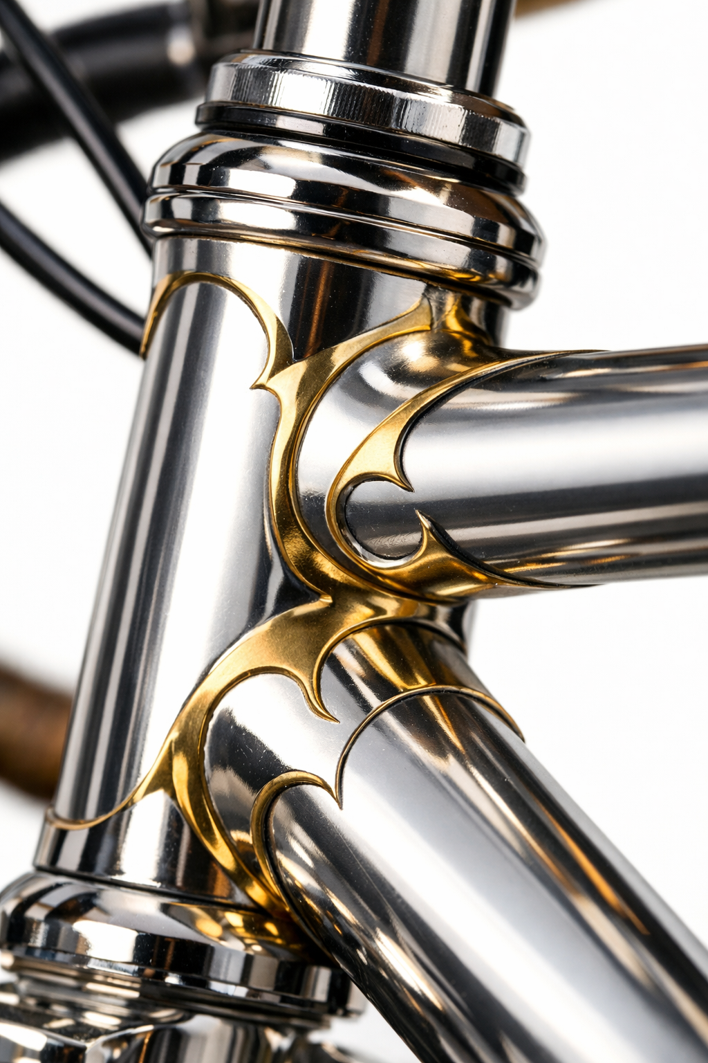 Close-up of Omera hand-brazed lugged steel frame junction, showing polished silver lugs