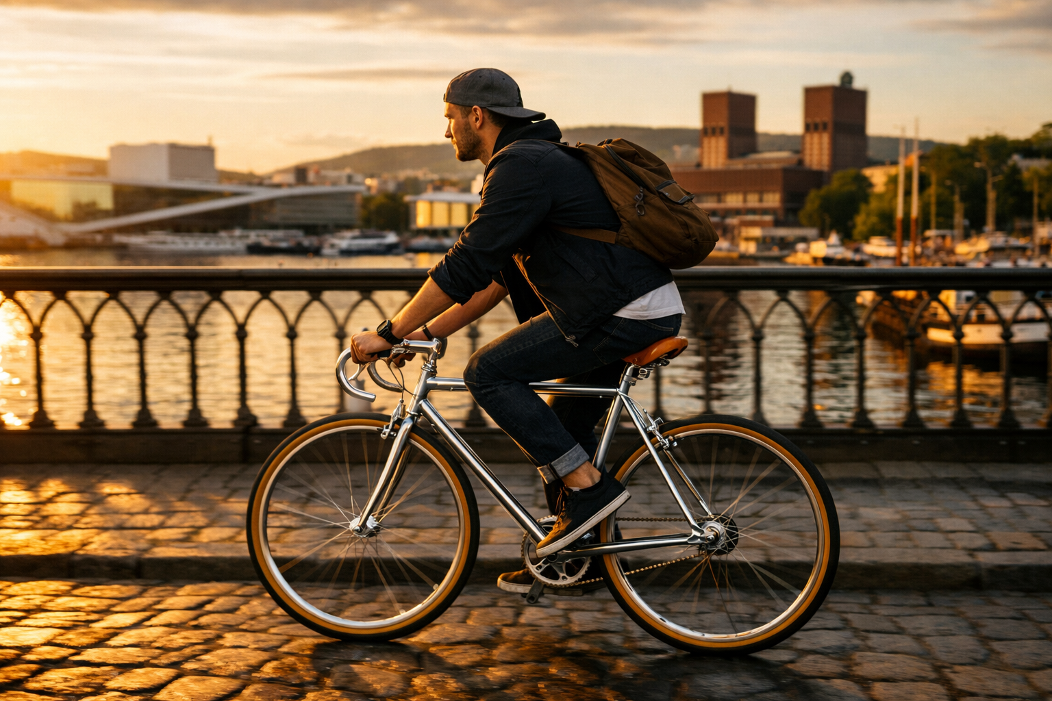 Rider on Omera fixie crossing a bridge in Oslo during golden hour