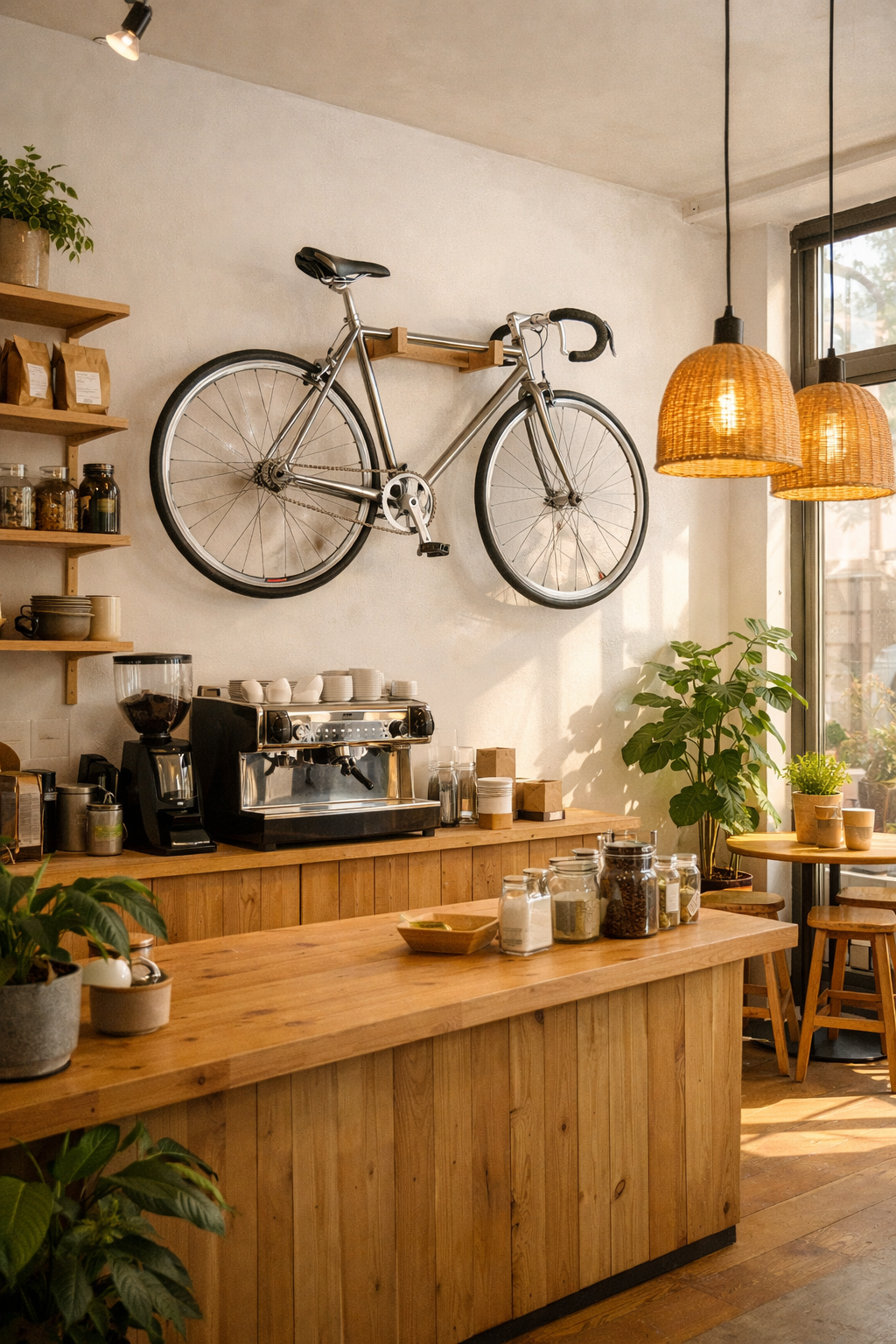 Omera popup shop interior: bicycle on wall, espresso machine, warm plywood shelves